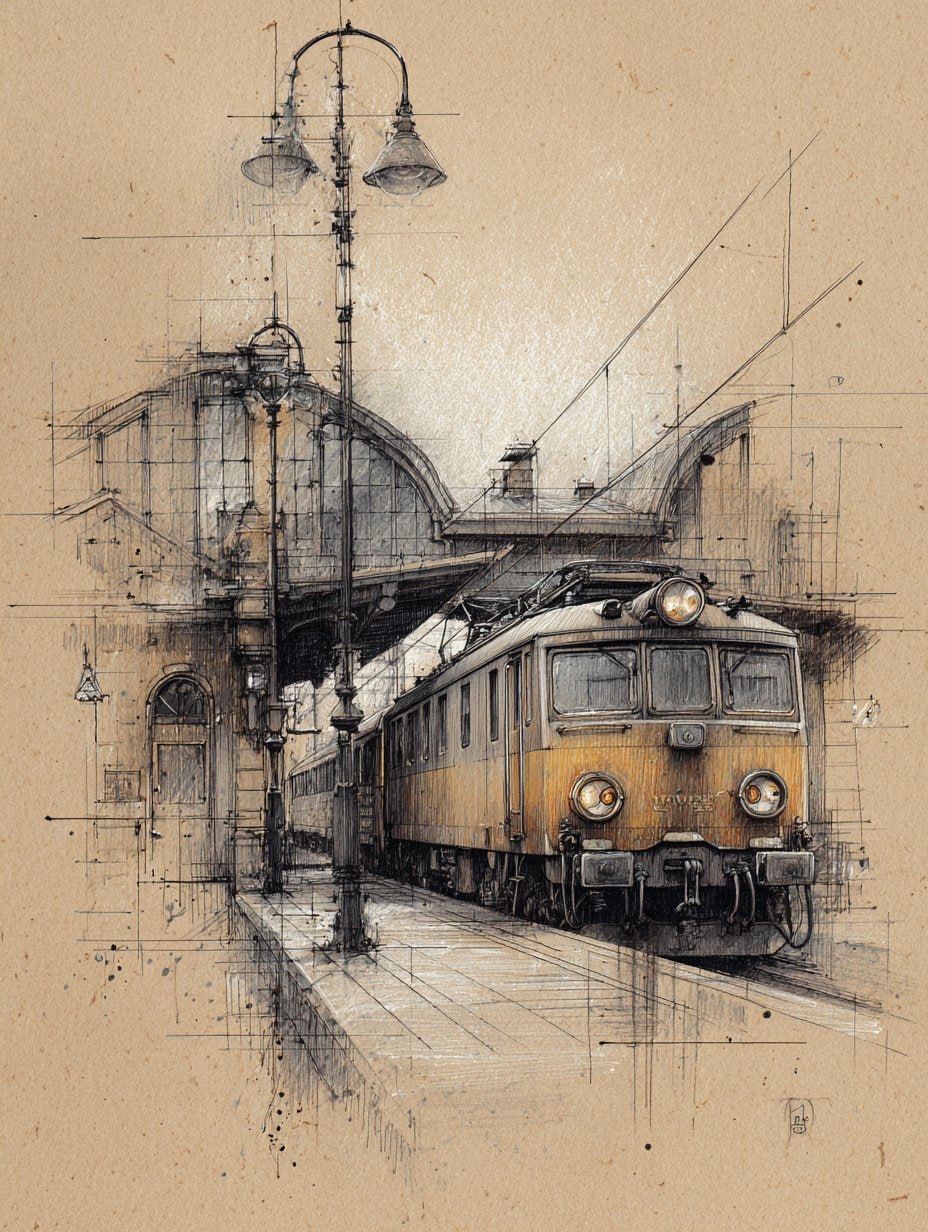 Colored Pencil Drawing - Old Train Station AI Prompt
